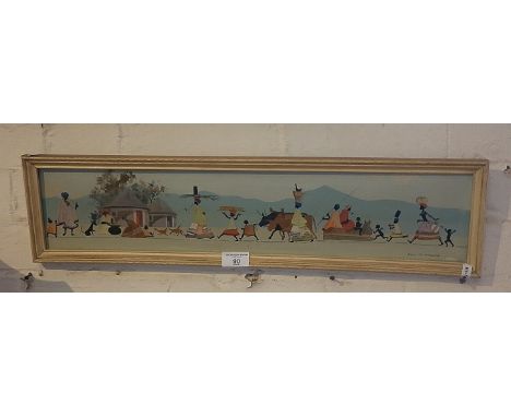 Frieze painting by Lucy M. Mullins of figures dated verso 1955 and entitled "The day we left South Africa"