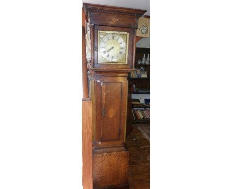 19th c. inlaid oak cased 30 hour longcase clock by George Lotts of Honiton having a brass dial with silvered chapter ring, 79