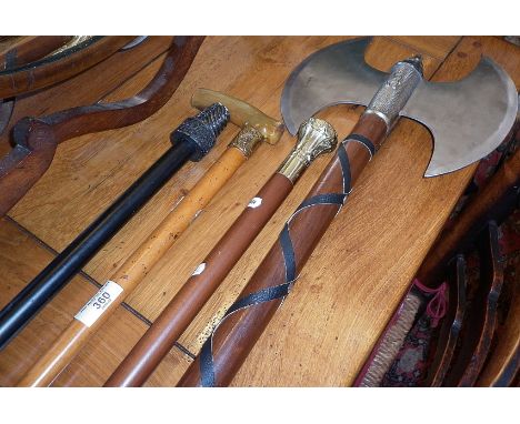 Reproduction double headed fighting axe, vintage walking sticks, etc.