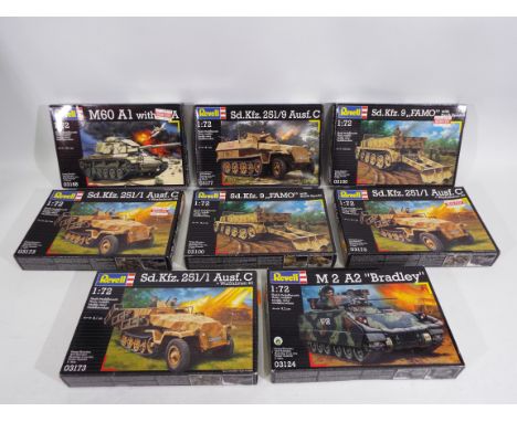 Revell - A fleet of eight boxed plastic model military vehicles kits in 1:72 scale by Revell. Lot includes #03100 Sd.Kfz.9 'F