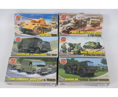 Airfix - Six boxed military vehicle plastic model kits in 1:76 scale. Lot includes A01302 Panther Tank; A02324 LWB Land Rover