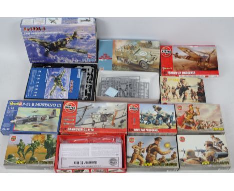 Airfix - Revell - HobbyBoss - 11 boxed plastic model aircraft kits and plastic soldier figures in 1:72 scale. Lot Airfix A017