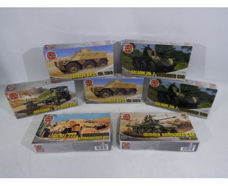 Airfix - Seven boxed military vehicle plastic model kits in 1:76 scale. Lot includes A02312 Sd.Kfz.222 &amp; Kubelwagen; #A01