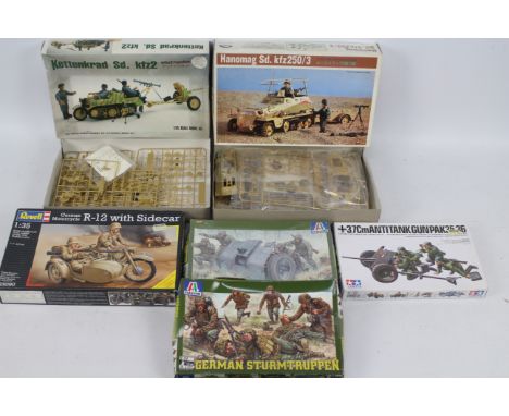 Italeri - Blue Tank - Revell - Tamiya - Six boxed military vehicle and personnel plastic model kits in 1:35 scale. Lot includ