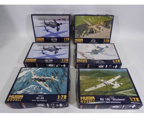 Huma - Six boxed 1:72 scale plastic German WW2 military aircraft model kits from the German manufacturer Huma. Lot includes H