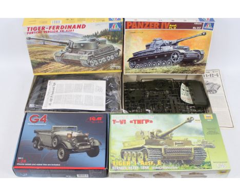 ICM - Italeri - Zvezda - Four boxed plastic military vehicle model kits. Lot consists of ICM #24011 !;24 scale G4 German Pers