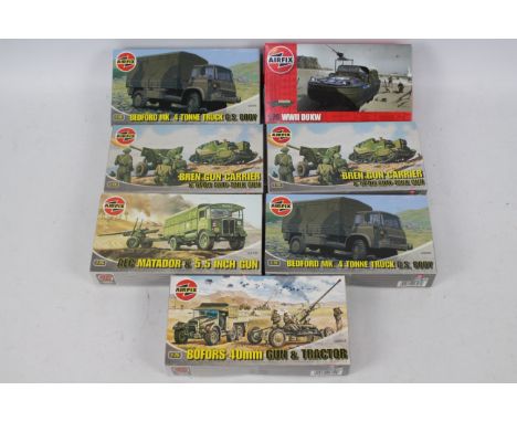 Airfix - Seven boxed military vehicle plastic model kits in 1:76 scale. Lot includes A02314 BOFORS Gun &amp; Tractor; A02326 