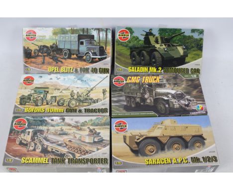 Airfix - Six boxed plastic military vehicle model kits in 1:76 scale. Lot includes #02314 Bofors 40mm Gun &amp; Tractor; #A)2