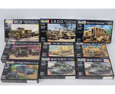 Revell - Nine boxed plastic model military vehicles kits in 1:76 scale by Revell. Lot includes #03217 M40 GMC; #03218 Krupp P