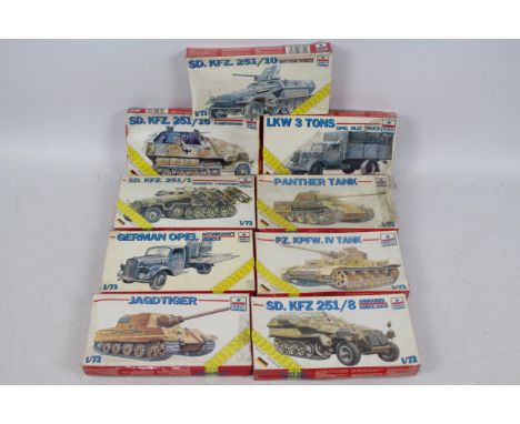 Esci - Nine boxed 1:72 scale plastic military vehicle model kits from Esci. Lot includes #8346 Sd.Kfz.251/16 Flamethrower; #8