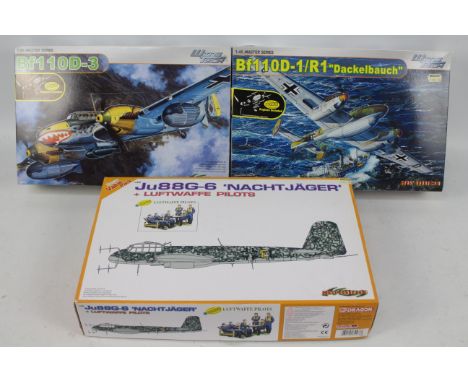 Dragon - Three boxed 1:48 scale plastic German WW2 military aircraft model kits. Lot consists of 'Master Series' #5556 Messer