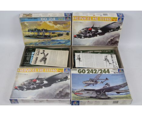 Italeri - Four boxed Italeri 1:72 scale plastic German WW2 military aircraft model kits. Lot contains #121 Heinkel HE 111H6 -