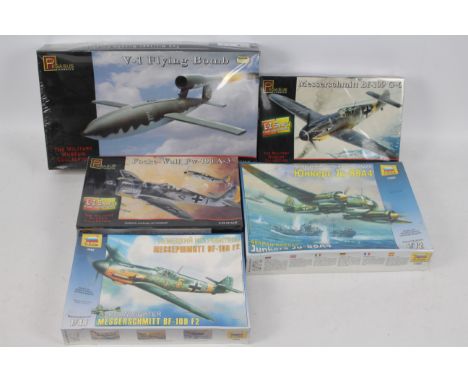 Pegasus - Zvezda - Five boxed plastic model aircraft kits in various scales. Lot includes Pegasus #8803 1:18 scale V-1 Flying