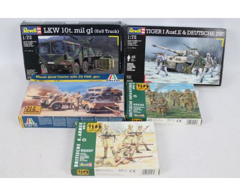 Revell - Italeri - Five boxed plastic military vehicle and personnel model kits and figures in 1:72 scale. Lot includes Itale