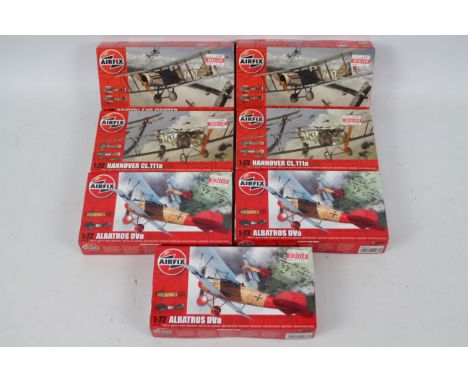 Airfix - Seven boxed Airfix WW1 plastic model aircraft kits in 1:72 scale. Lot includes Airfix A01080 Bristol F.2B Fighter (x