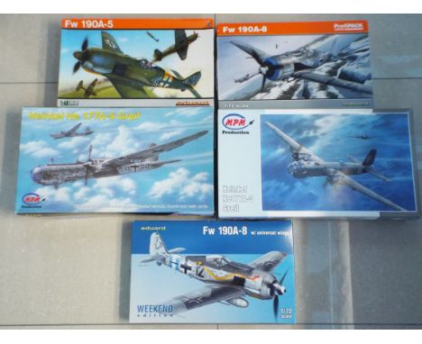 MPM and Eduard - five boxed plastic German WW2 military aircraft scale model kits comprising two MPM 1:48 scale Heinkel He177