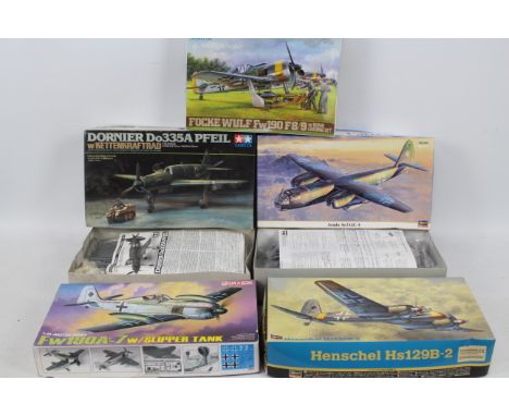 Tamiya - Dragon - Hasegawa - Five boxed 1:48 scale plastic German WW2 military aircraft kits. Lot includes Tamiya #61104 Fock