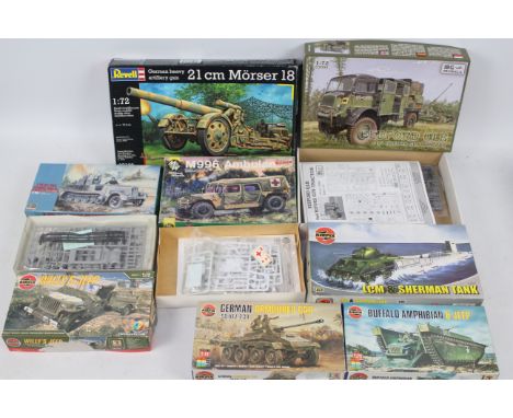 Airfix - Revell - IBG Models - Military Wheels - Eight boxed military vehicle plastic model kits in 1:72 scale. Lot includes 