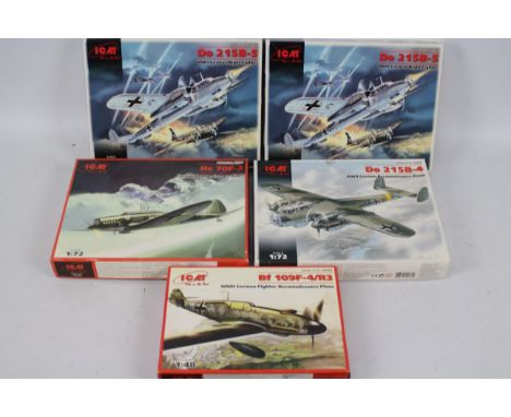 ICM - Five boxed German WW2 plastic model military aircraft kits predominately 1:72 scale. Lot includes #72301 Dornier Do215B