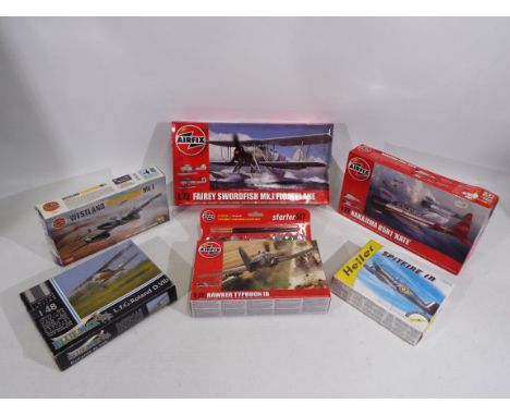 Airfix - Blue Max - Heller - Six boxed plastic model military aircraft kits predominately 1:72 scale. Lot includes Airfix A04