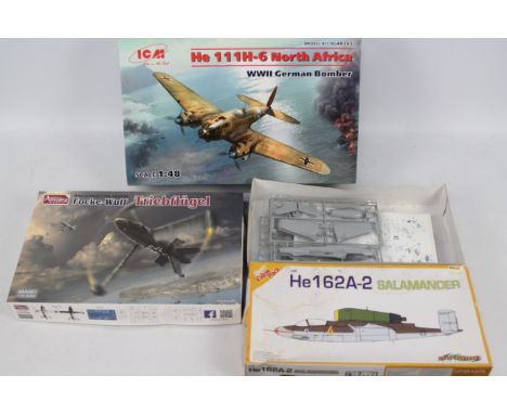 ICM - Amusing Hobby - Dragon - Three boxed 1:48 scale German WW2 miliatary aircraft plastic model kits. Lot contains ICM #482