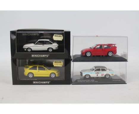 Minichamps - 4 x boxed 1:43 scale Ford Escort models, a limited edition Cosworth in Zinc Yellow 1 of only 1344 made, a Mk1 RS