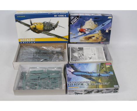 Academy - Eduard - Three boxed 1:48 scale Messerschmitt plastic model kits. Lot includes Academy Limited Edition #12216 Me109