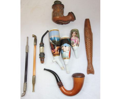 A 19TH CENTURY HAND PAINTED CERAMIC PIPE HOLDER, decorated with an erotic female, two other hand painted ceramic pipe holders