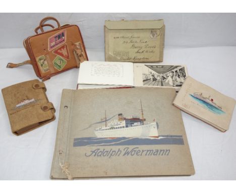 CRUISE LINER AND SHIPPING INTEREST; A VINTAGE BOX in the form of a case with labels and similar items