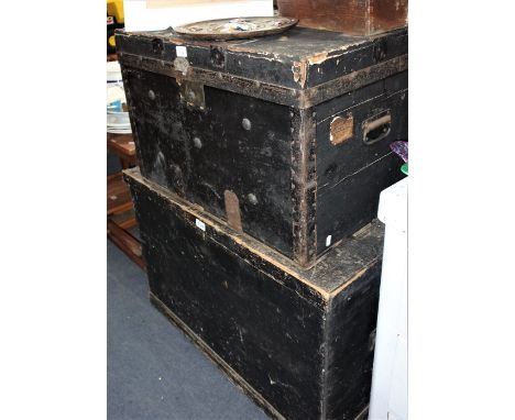 A 19TH CENTURY STAINED PINE TRUNK, another similar, two folding tables and a Vintage school desk