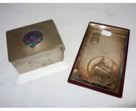 CRUISE LINER AND SHIPPING INTEREST; A SILVER PLATED BOX with an enamel circular panel, "RMS Laurentic" circa 1920's and a sim