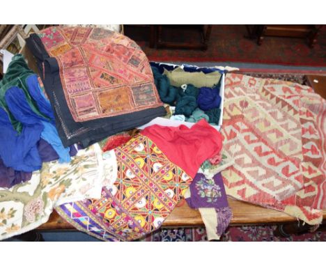 A  LARGE KELIM, a collection of Vintage textiles, wool and sundries
