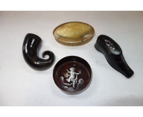 A LATE 18TH CENTURY HORN SNUFF BOX of oval form, a horn snuff mull, a continental enamel dish decorated with putti and scroll