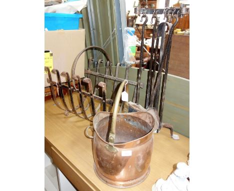A SET OF WROUGHT IRON FIRE TOOLS, a log carrier and a coal scuttle (3)