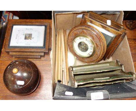 AN ART DECO BAROMETER, others similar, a Coconut box and sundries