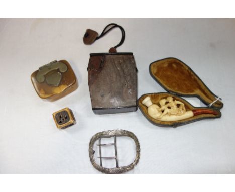 A 19TH CENTURY CARVED MEERSCHAUM PIPE, carved with a flapper girl, in fitted case, a 19th Century horn snuff box with brass m