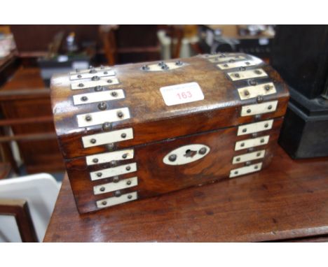 A VICTORIAN WALNUT AND BONE DOME TOP TEA CADDY