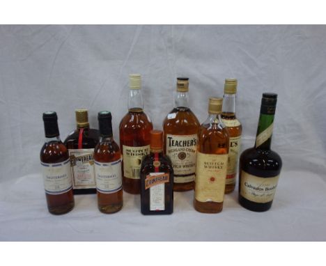 NINE BOTTLES OF MIXED ALCOHOL, to include two bottles of Cointreau, Teachers Scotch whisky, Bells Scotch whisky, Old Scotch w
