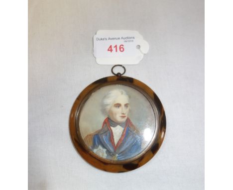 A 19TH CENTURY PORTRAIT MINIATURE of an Victorian Naval Officer, in a circular tortoiseshell frame, signed 'Roller', 6cm diam