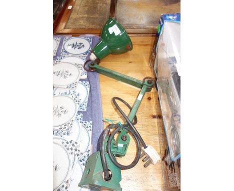 A VINTAGE ADJUSTABLE "ANGLEPOISE" STYLE LAMP, with a green enamel shade