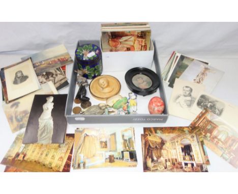 A COLLECTION OF 20TH CENTURY MILITARY RELATED POSTCARDS, a coloured portrait miniature print of Napoleon in an oval black lac