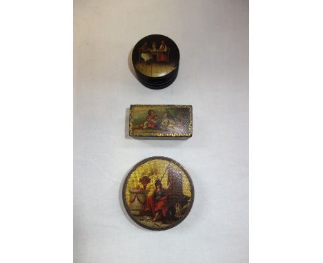 A LATE 19TH CENTURY RUSSIAN BLACK LACQUERED SNUFF BOX, of circular form, the cover painted with a tea drinking scene, with re