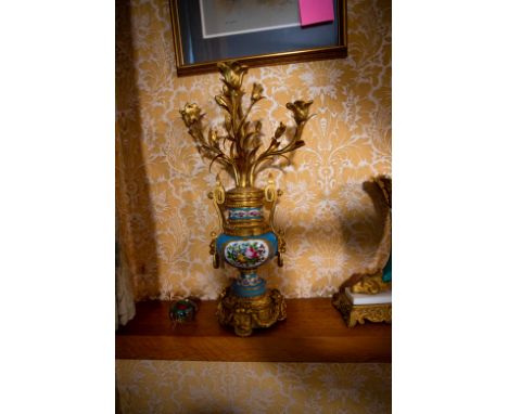 A pair of French 19th Century Louis XVI style ormolu mounted Sevres style candelabra, urn shape vase with turquoise ground  o