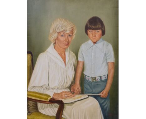 Peter Deighan (Irish, b. 1941)  Portrait of Joan (Mrs Eric Morecambe) and younger son Stephen  oil on board, 90 x 69cm  signe