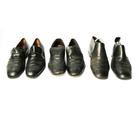 Three pairs of Eric's black leather Stage shoes including Bally loafer, size 6, with&nbsp; "ERIC" in ballpoint to inside of b