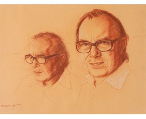 Peter Deighan (Irish, b.1941) Double portrait study of Eric Morecambe  red crayon heightened in white on brown paper, 44 x 58