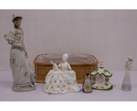 Ceramics models to include: 1. Coalport "The Gate House" 2. Royal Doulton "Antoinette" HN2326 3. A Continental Lladro style f