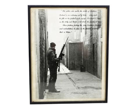 A 1970s black and white photograph of a British Solider serving in Northern Ireland, overlaid with message: "The soldier who 