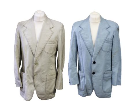 Two lightweight summer jackets, the light beige jacket has round lapels, breast pocket, two lower pockets and two button fast