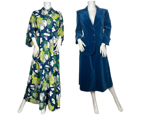 1960s and 70s day wear to include a late 60s psychedelic maxi skirt and blouse made from a nylon jersey, a 1970s chambray rou